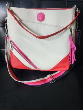Georgie & Lou "The Parker" Luxury Pickleball Bag Cream Pink Red Canvas Crossbody